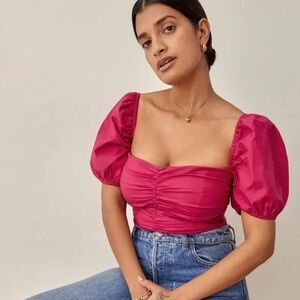 REFORMATION radish top / bright pink puff sleeve gathered blouse / size 0